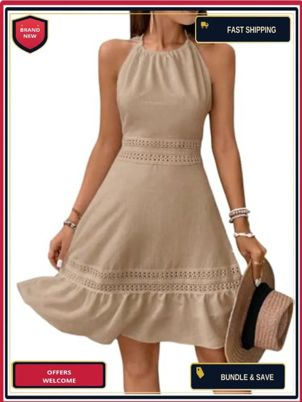 Ruffle Lace Halter Sleeveless Mini Dress Summer Casual A-Line Vacation